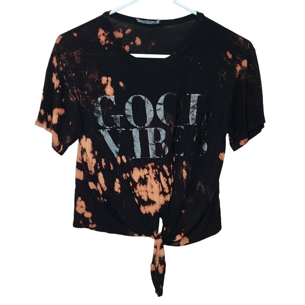 Hippie Chic T-shirt Top Womens XS Black Bleach Tie Dye Crop Tie Front Good Vibes